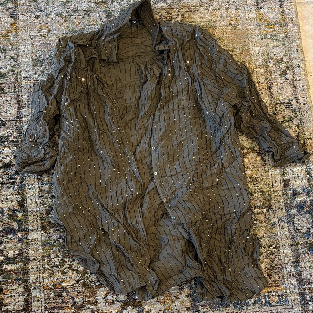 Zara Olive Green Crinkled Button Down Shirt - Picture 5 of 5